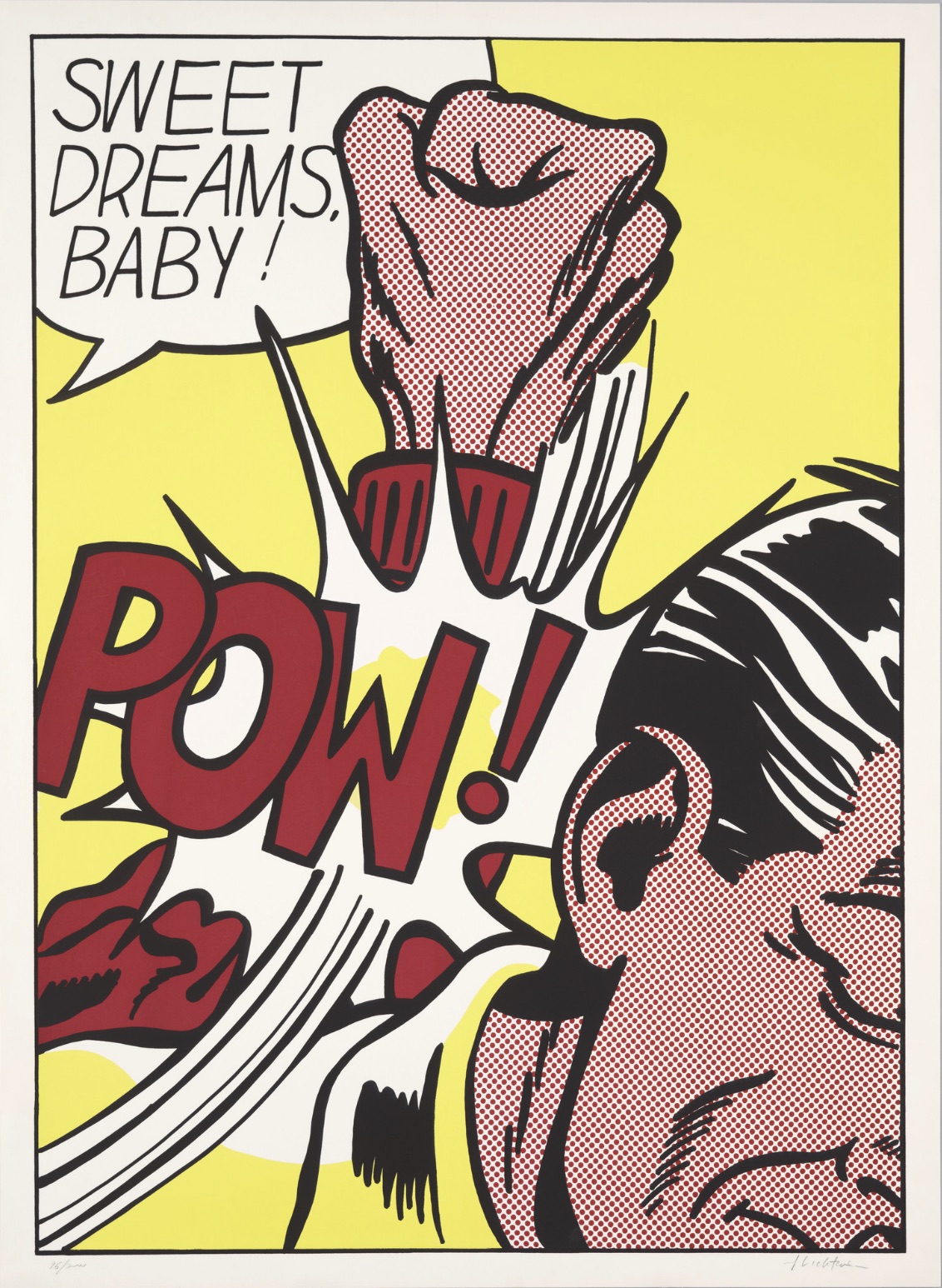 A pop art comic panel: a red-gloved fist swings into a man's jaw over a large red "POW!", with a speech bubble reading "Sweet dreams, baby!"
